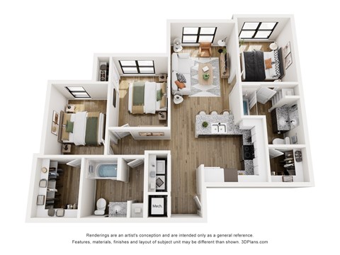 Floor plan for 3 beds, 2 baths, 1079 sqft